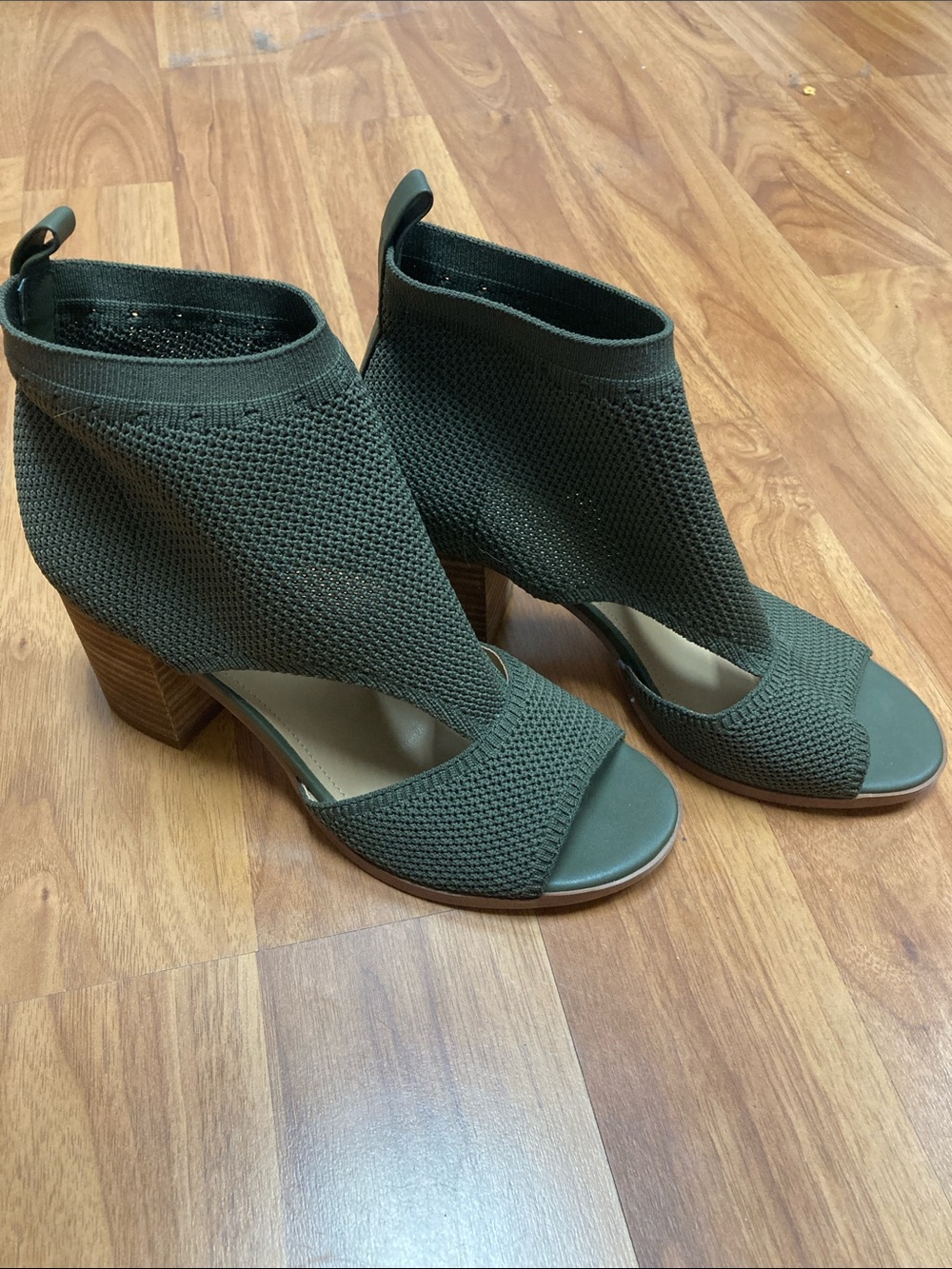 Knit Open-Toe Block Heel Booties in Olive